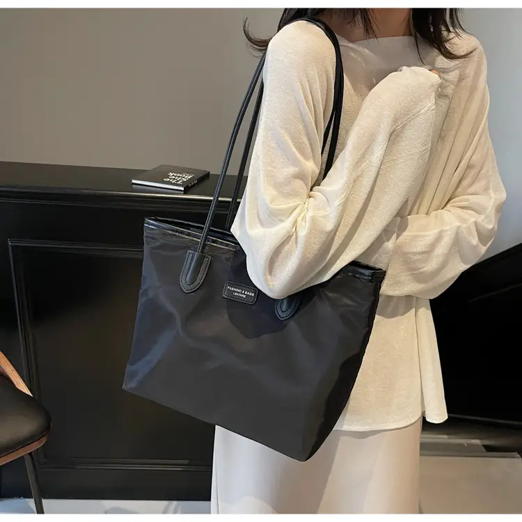Oxford Cloth Colorblock Large Tote Bag Brown — feature 14