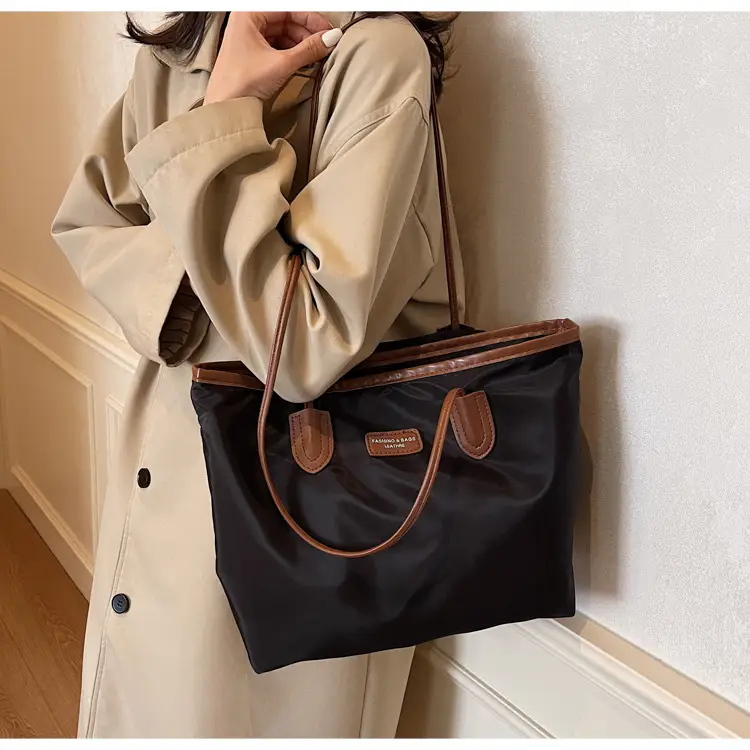 Oxford Cloth Colorblock Large Tote Bag Brown — feature 15