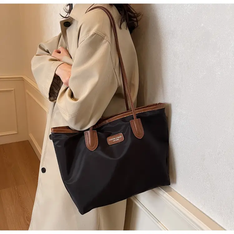 Oxford Cloth Colorblock Large Tote Bag Brown — feature 17