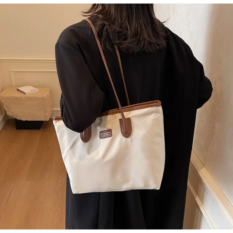 Oxford Cloth Colorblock Large Tote Bag Brown — feature 18