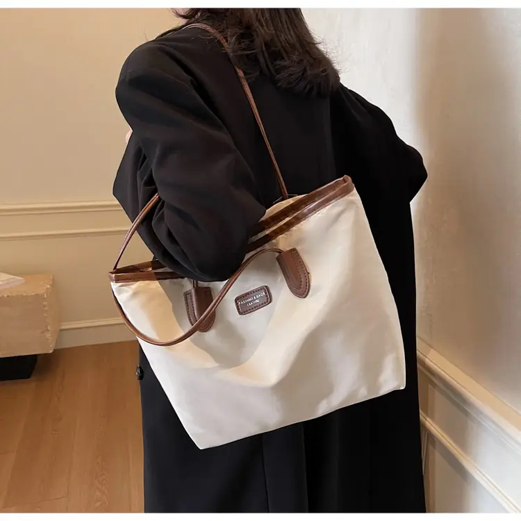 Oxford Cloth Colorblock Large Tote Bag Brown — feature 19