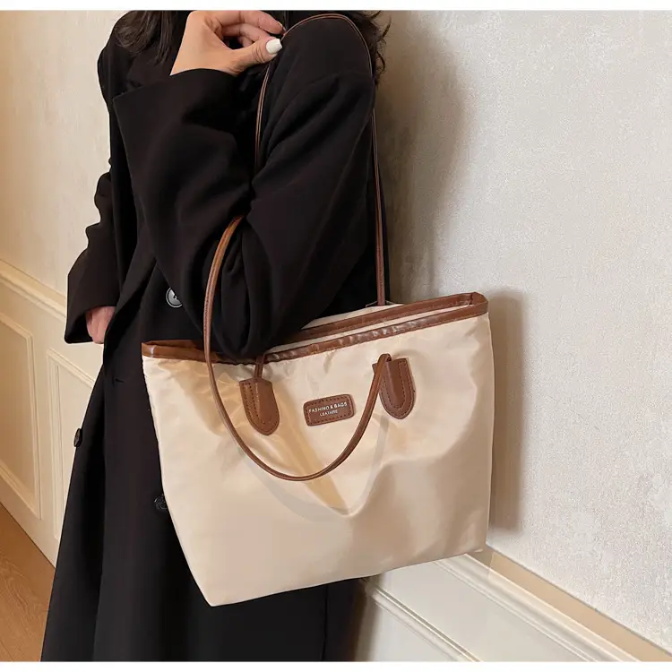 Oxford Cloth Colorblock Large Tote Bag Brown — feature 20