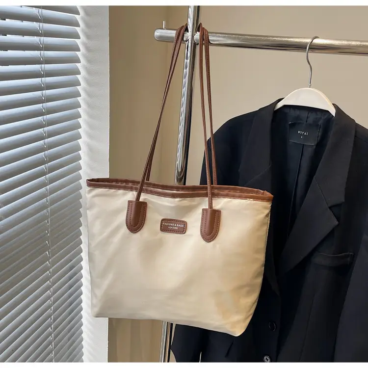 Oxford Cloth Colorblock Large Tote Bag Brown — feature 24