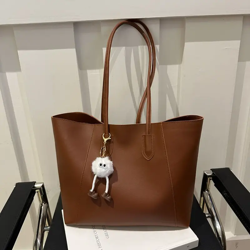 Brown Large Capacity Women's Tote Bag with Keychain