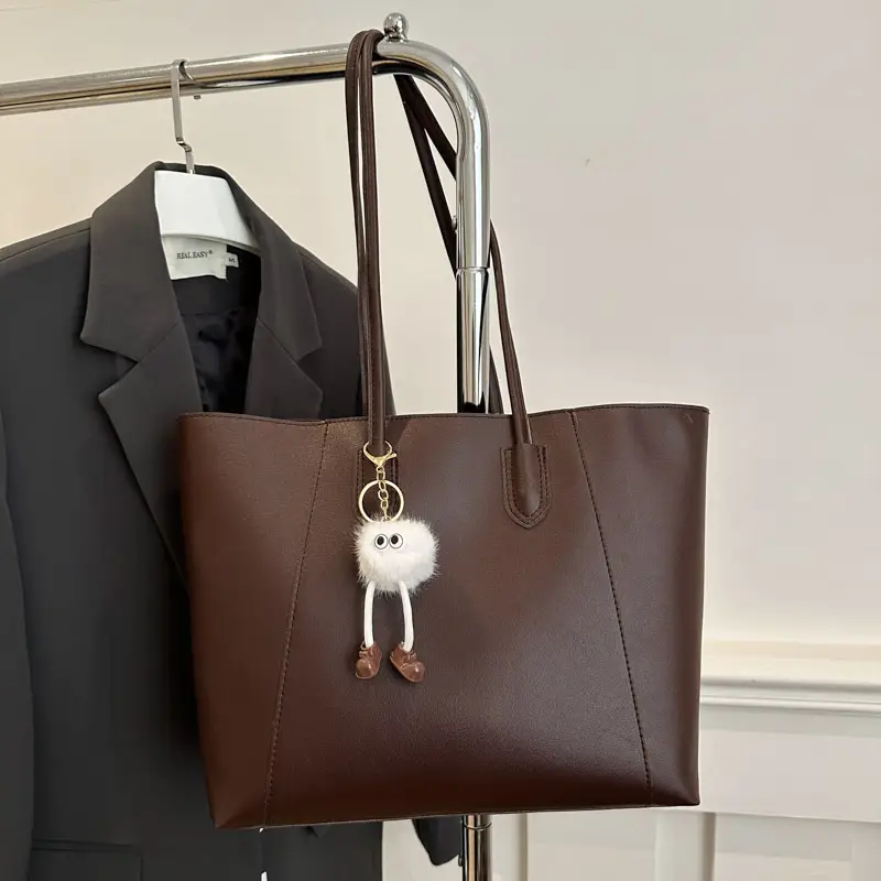 Brown Large Capacity Women's Tote Bag with Keychain