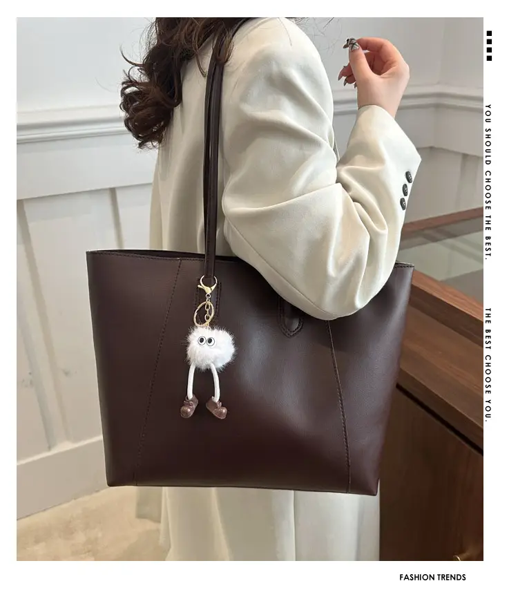 Brown Large Capacity Women's Tote Bag with Keychain — feature 1