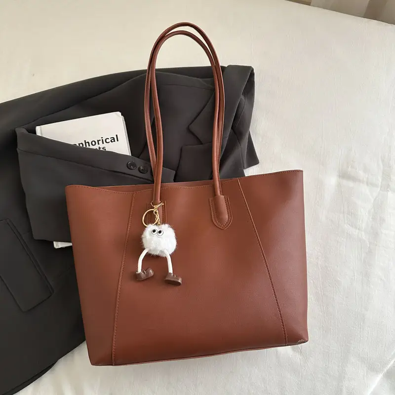 Brown Large Capacity Women's Tote Bag with Keychain