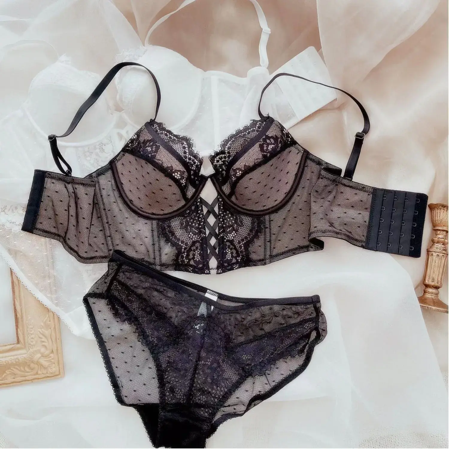 French Style Lace Cup Bra Set Black - Image 9