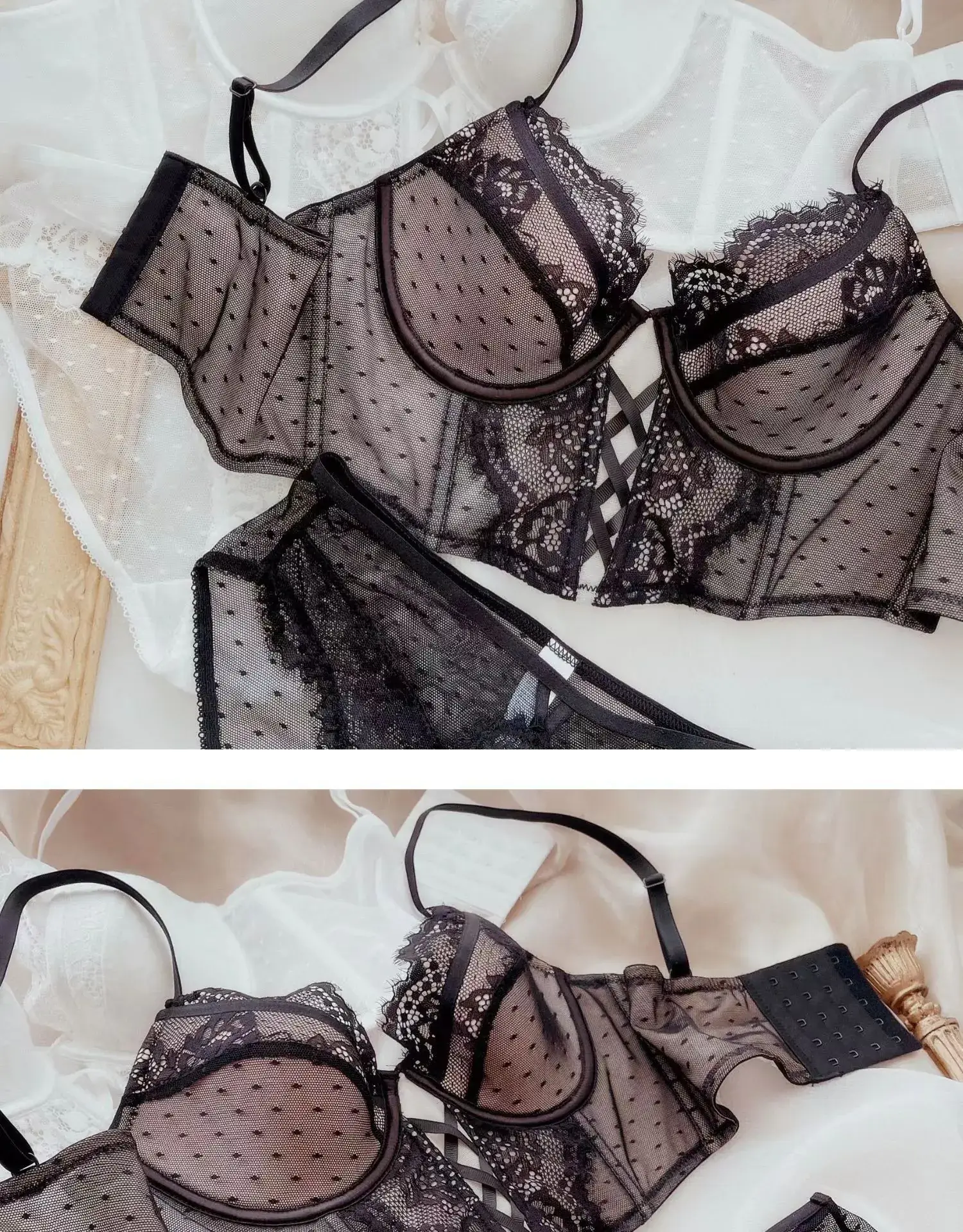 French Style Lace Cup Bra Set Black — feature 15
