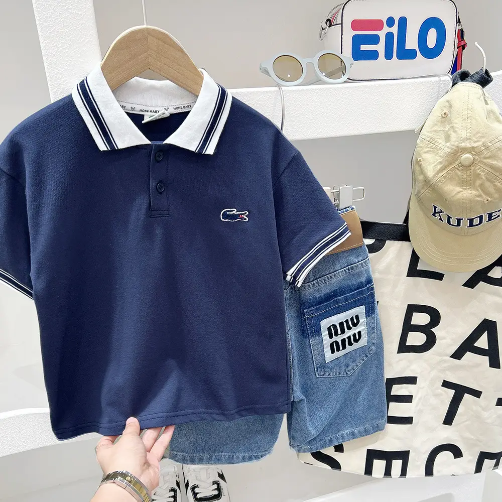 Boys Polo Shirt Blue Trim 2025 with Crocodile Logo