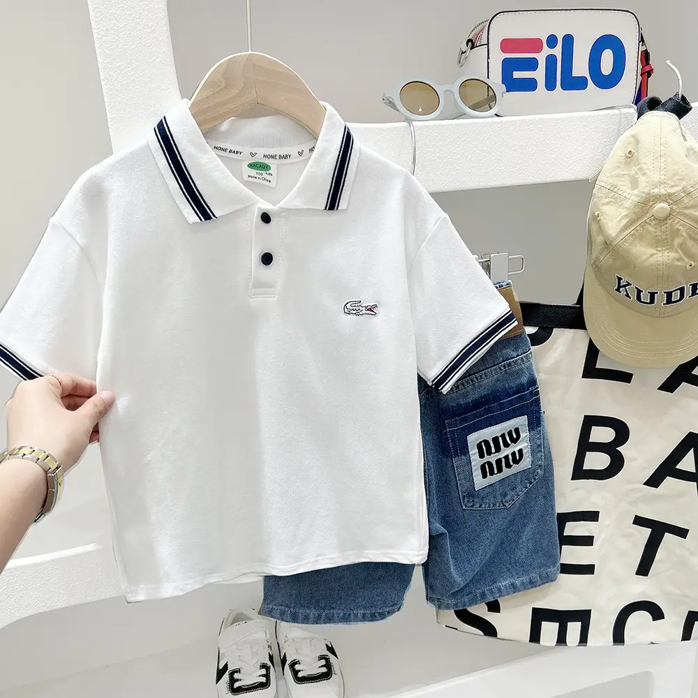 Boys Polo Shirt Blue Trim 2025 with Crocodile Logo