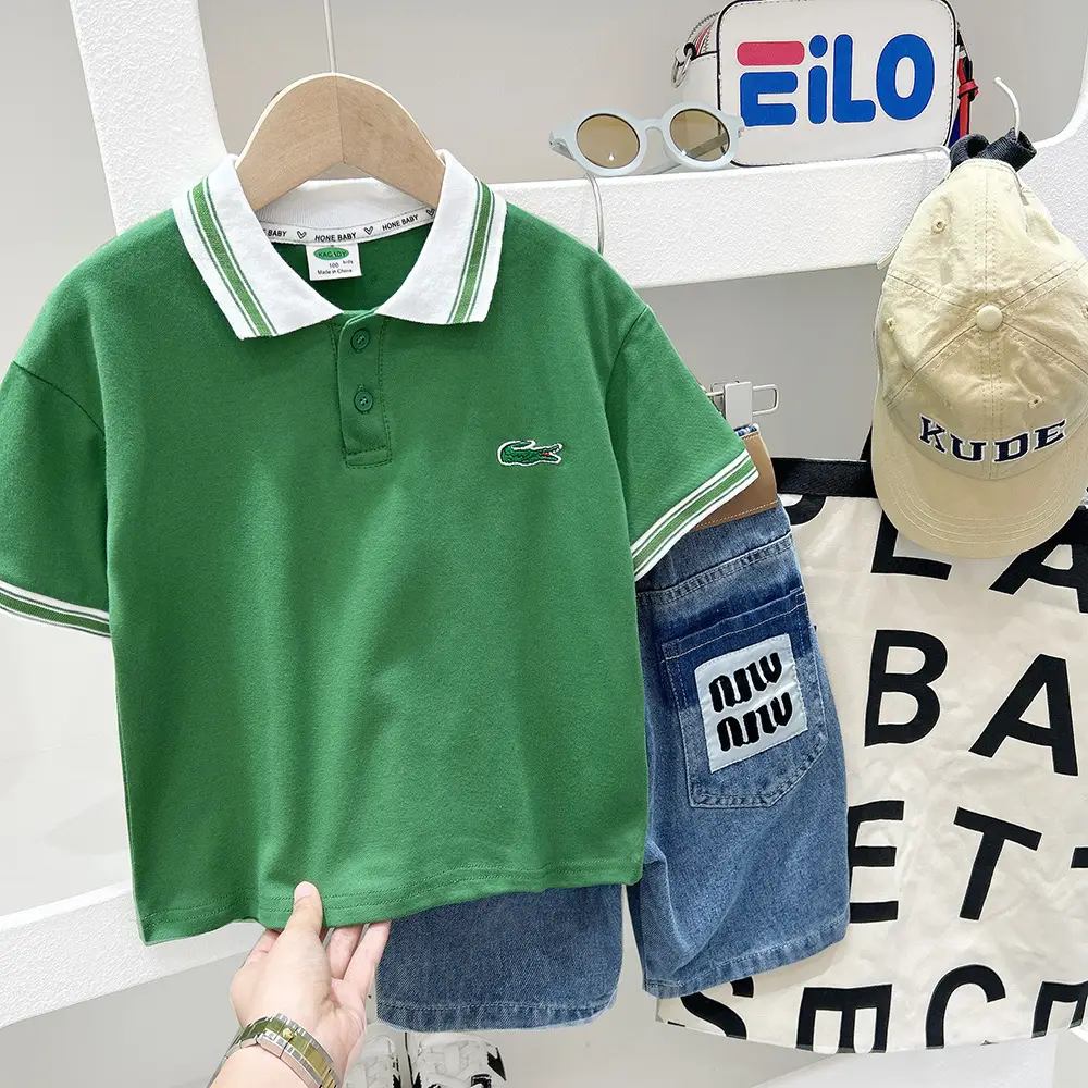 Boys Polo Shirt Blue Trim 2025 with Crocodile Logo