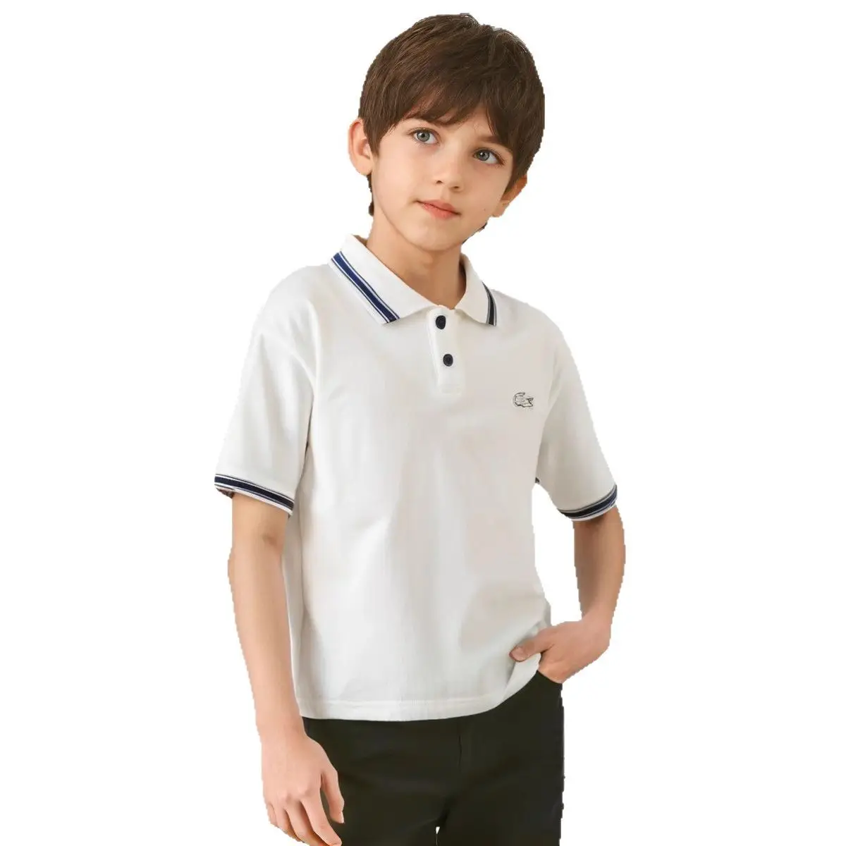 Boys Polo Shirt Blue Trim 2025 with Crocodile Logo