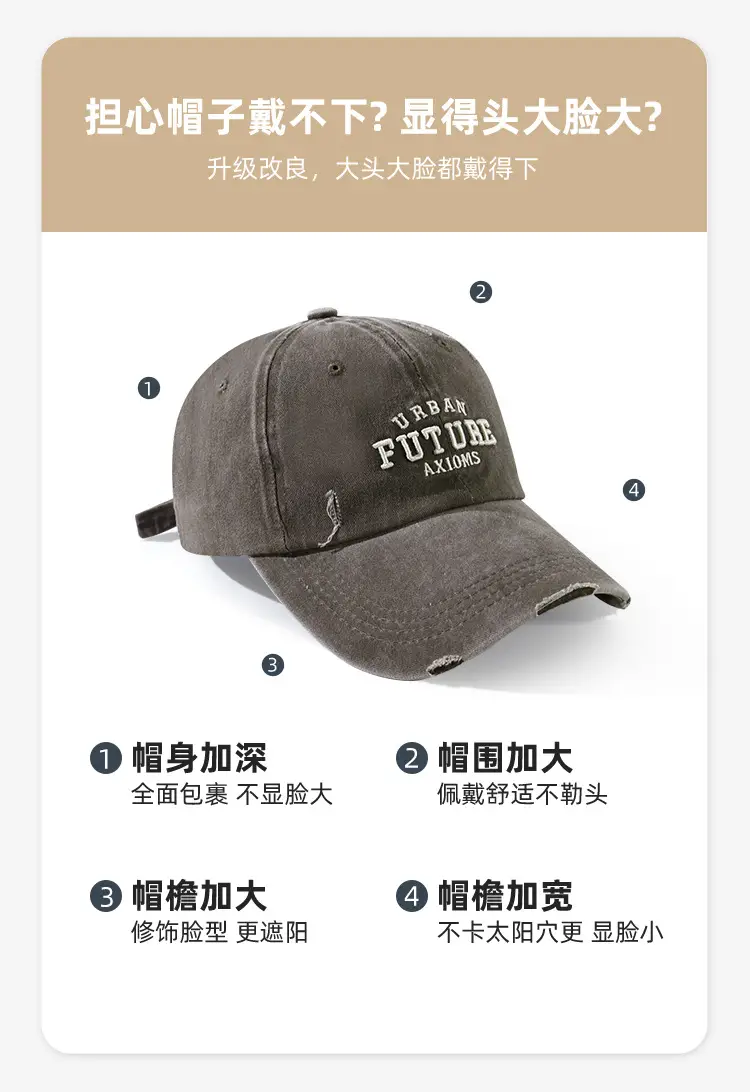 American Style Vintage Washed Cap Women's Big Head Size Showface Small 2024 New Korean Style Ins Trendy Men's Baseball Cap — feature 6