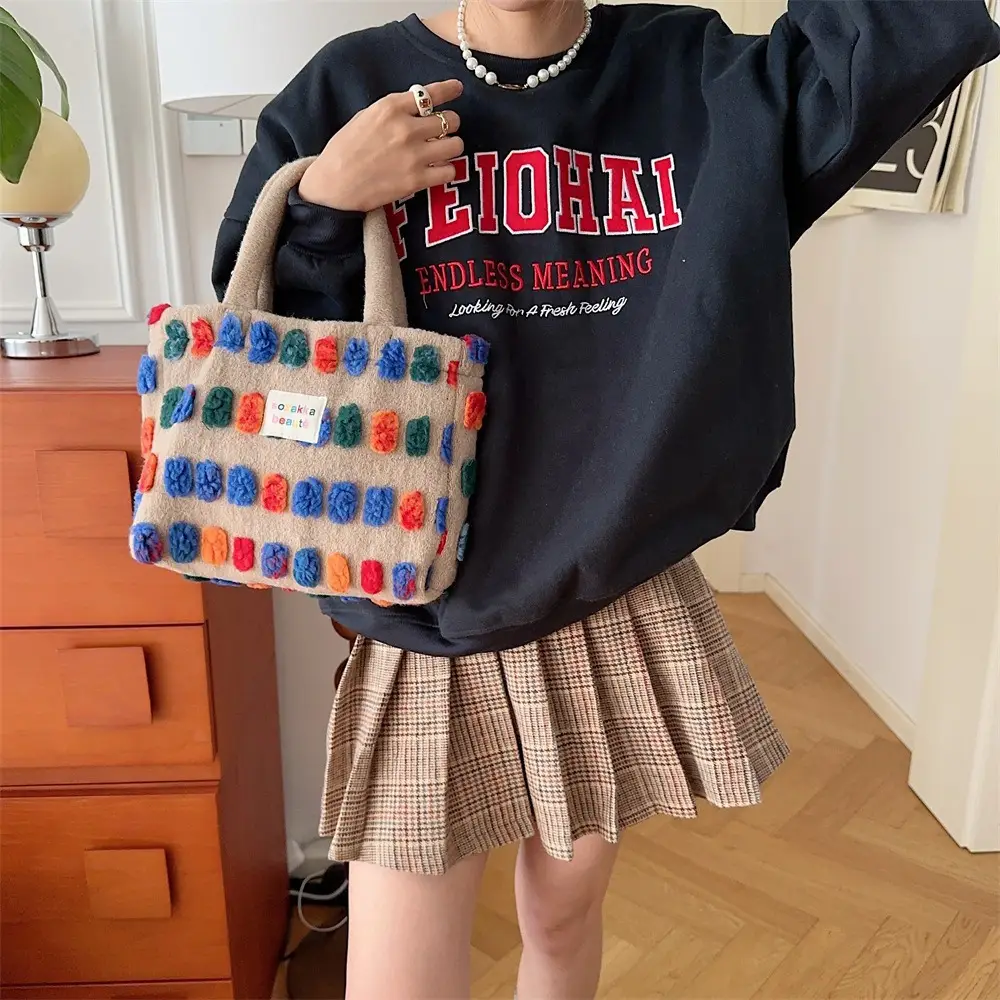 Fashionable Plush Crossbody Bag for Women with Colorful Pom Pom Design — feature 12