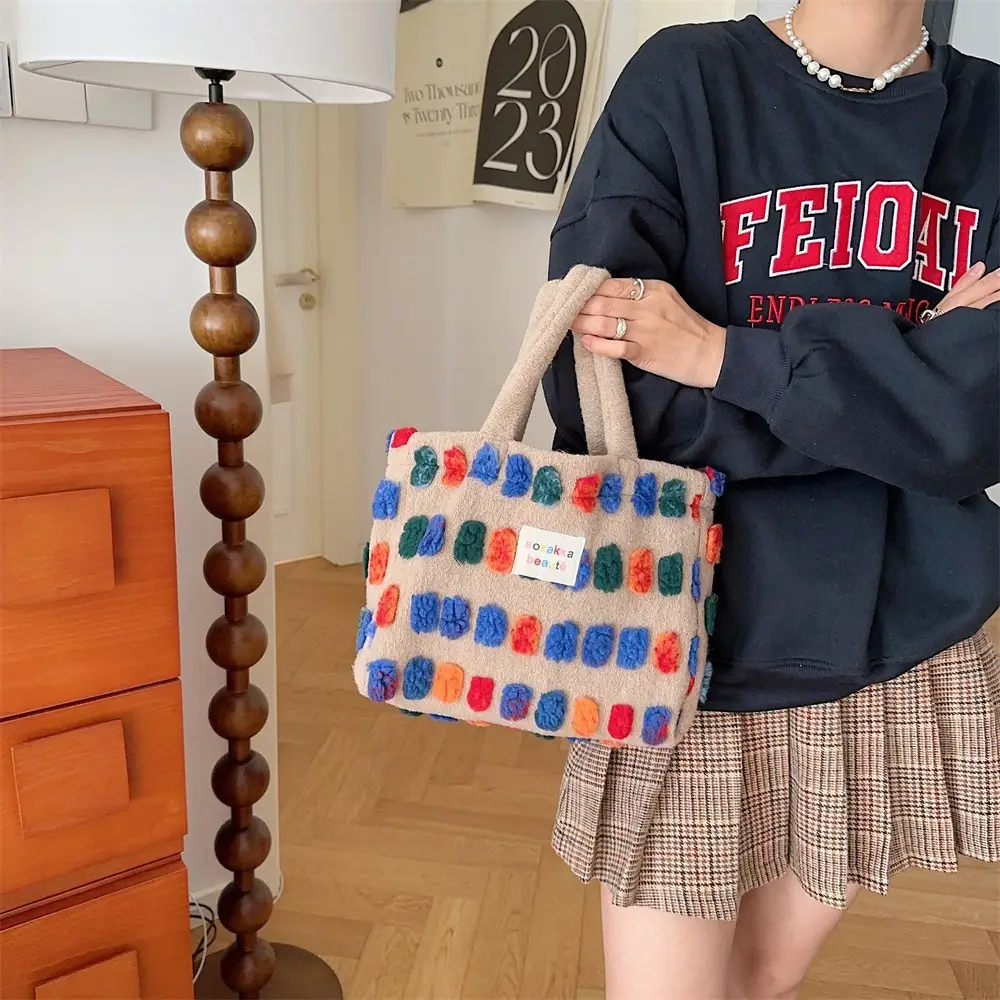 Fashionable Plush Crossbody Bag for Women with Colorful Pom Pom Design — feature 14