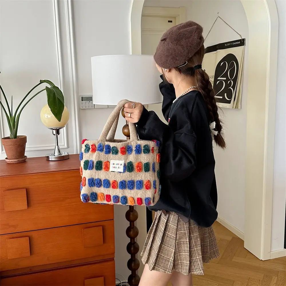 Fashionable Plush Crossbody Bag for Women with Colorful Pom Pom Design — feature 15