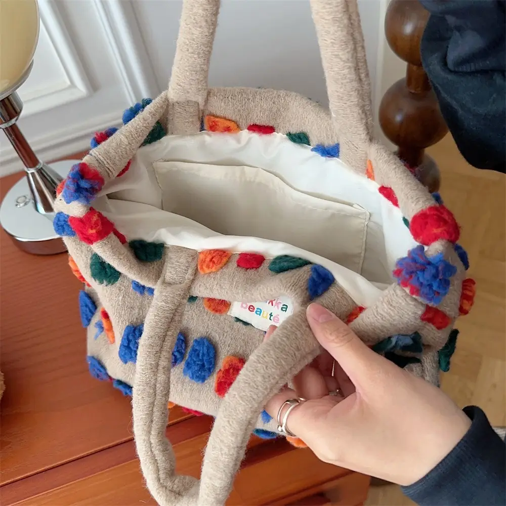 Fashionable Plush Crossbody Bag for Women with Colorful Pom Pom Design — feature 17