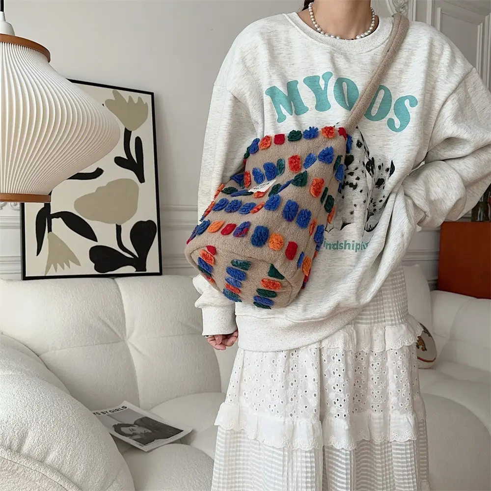 Fashionable Plush Crossbody Bag for Women with Colorful Pom Pom Design — feature 4