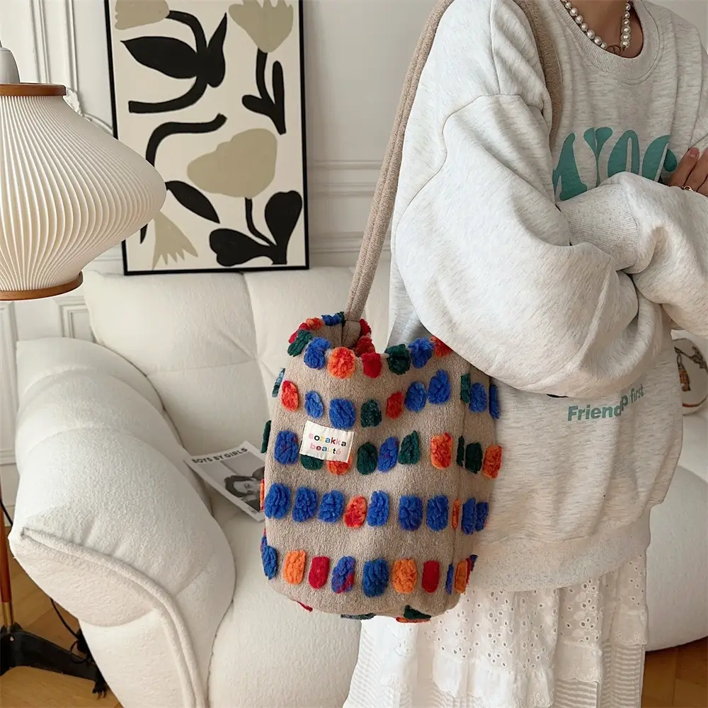 Fashionable Plush Crossbody Bag for Women with Colorful Pom Pom Design — feature 5
