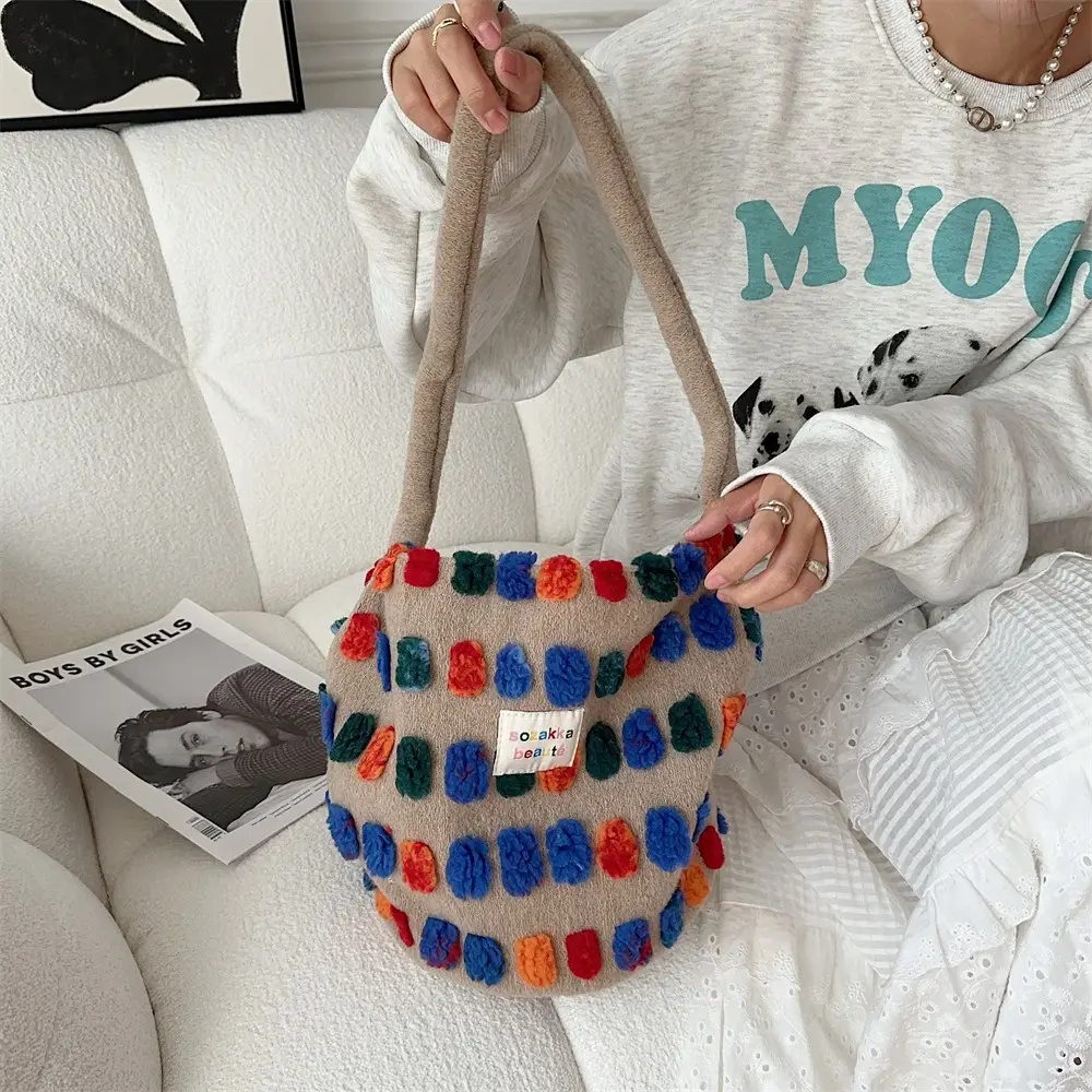 Fashionable Plush Crossbody Bag for Women with Colorful Pom Pom Design — feature 6