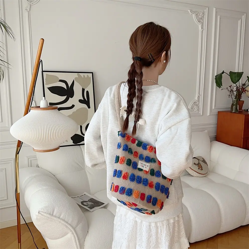 Fashionable Plush Crossbody Bag for Women with Colorful Pom Pom Design — feature 9