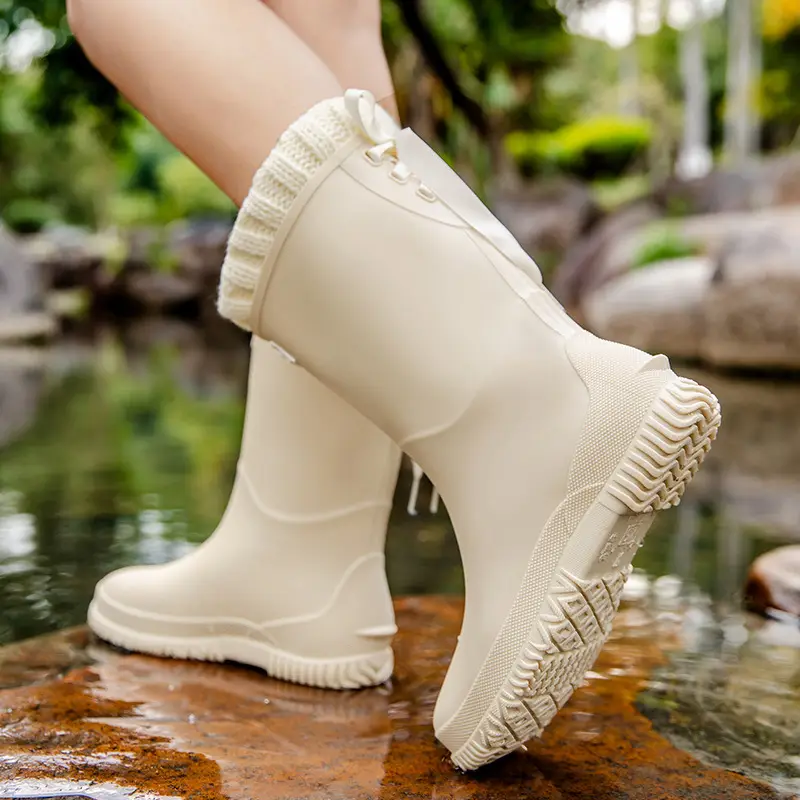 Fashion Mid-high Women's Rain Shoes Rain Boots Waterproof Non-slip Warm Fishing Work Boots Four Seasons Takeaway Rubber Shoes Water Boots - Image 10