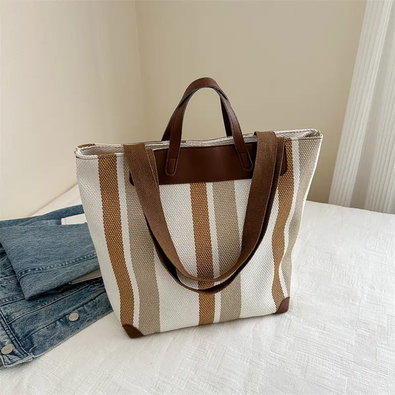Women Striped Canvas Tote Bag Large Capacity Winter New Arrival - Image 5