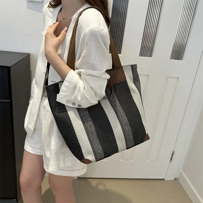 Women Striped Canvas Tote Bag Large Capacity Winter New Arrival - Image 7