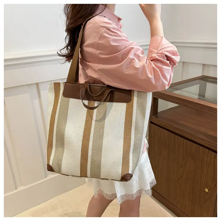 Women Striped Canvas Tote Bag Large Capacity Winter New Arrival — feature 10