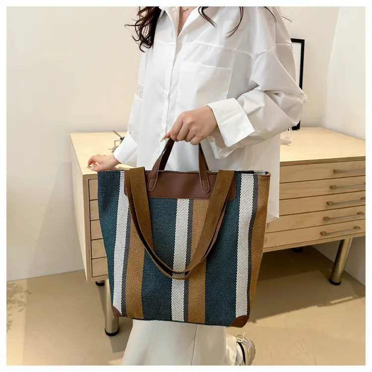 Women Striped Canvas Tote Bag Large Capacity Winter New Arrival — feature 13
