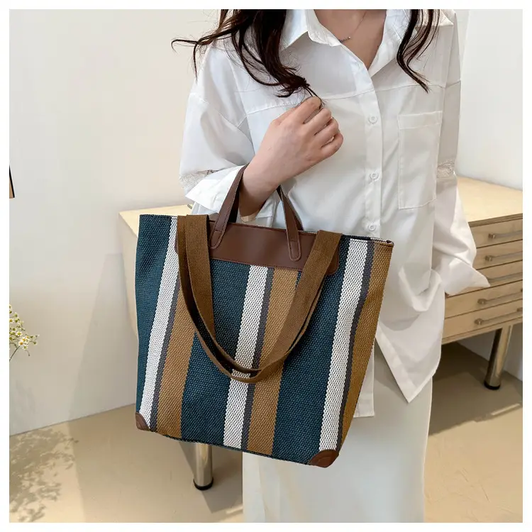 Women Striped Canvas Tote Bag Large Capacity Winter New Arrival — feature 14