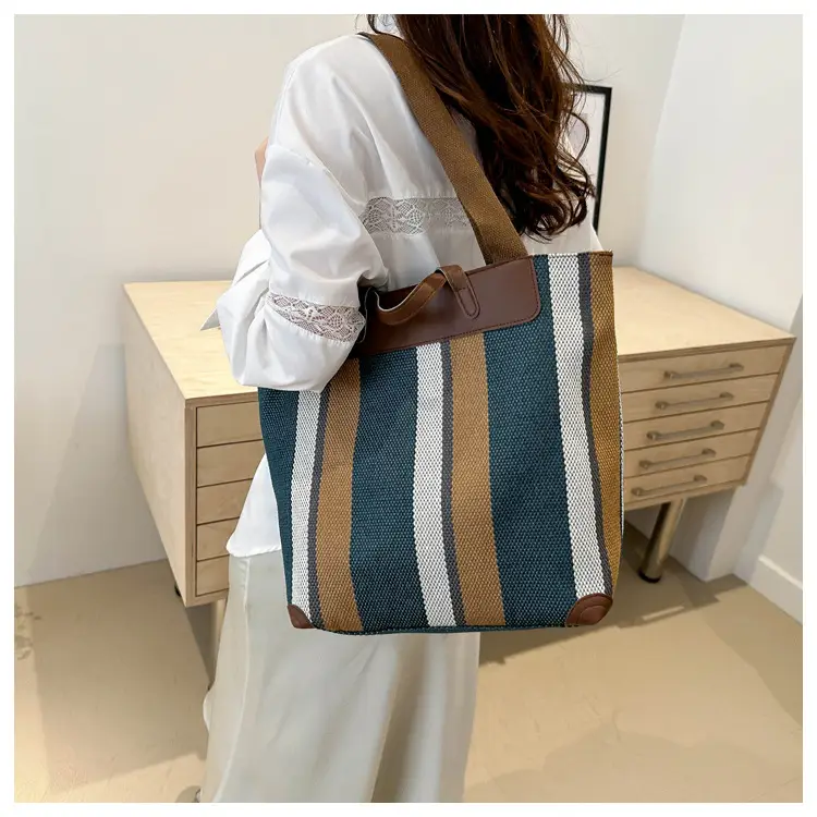 Women Striped Canvas Tote Bag Large Capacity Winter New Arrival — feature 15