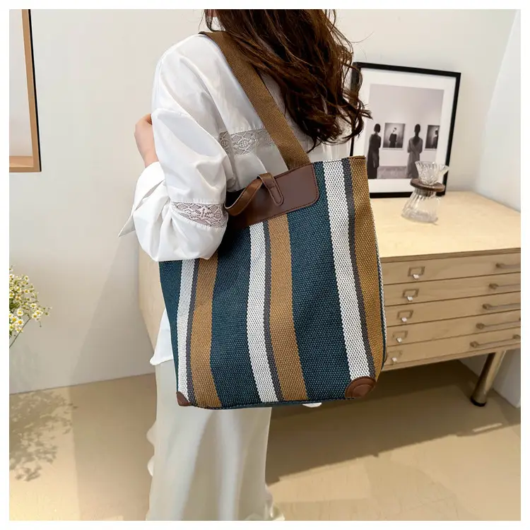 Women Striped Canvas Tote Bag Large Capacity Winter New Arrival — feature 16