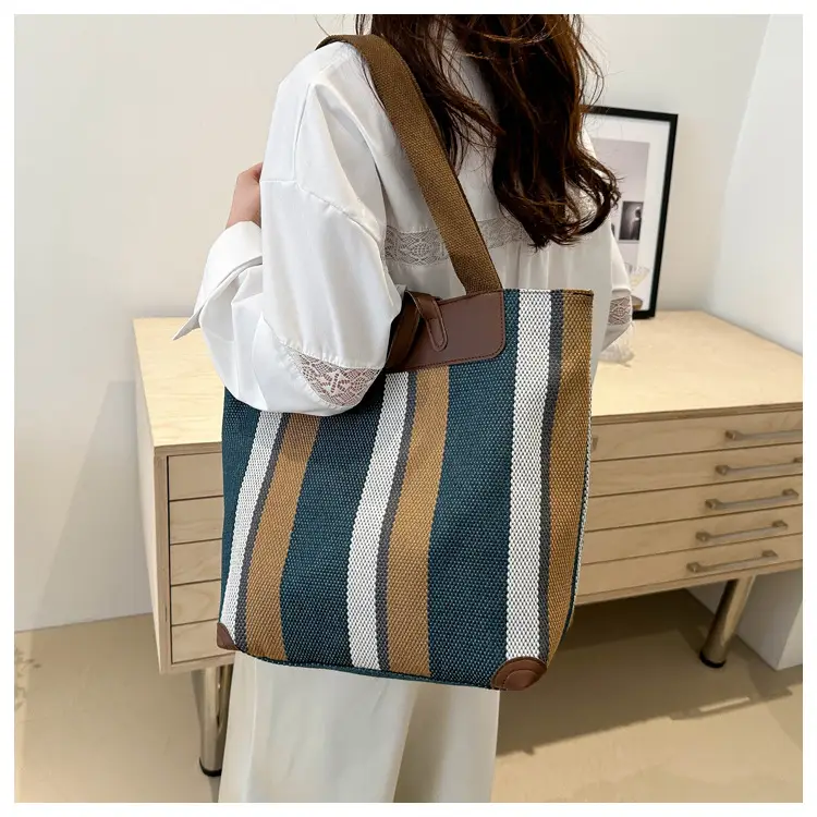 Women Striped Canvas Tote Bag Large Capacity Winter New Arrival — feature 19