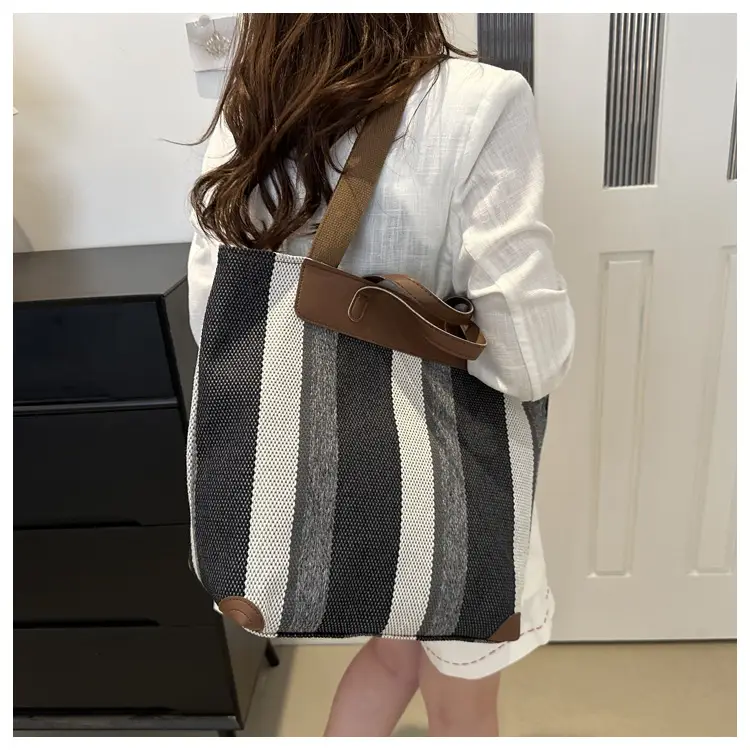 Women Striped Canvas Tote Bag Large Capacity Winter New Arrival — feature 25