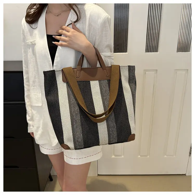Women Striped Canvas Tote Bag Large Capacity Winter New Arrival — feature 26
