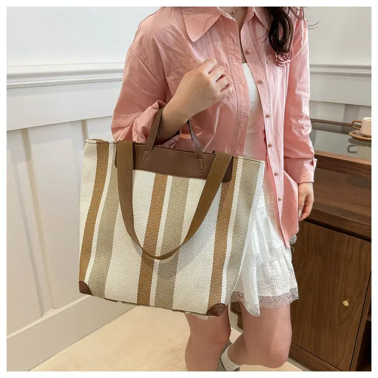 Women Striped Canvas Tote Bag Large Capacity Winter New Arrival — feature 8