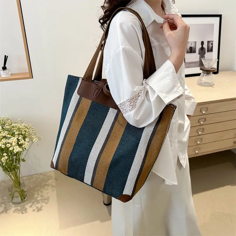 Women Striped Cotton Tote Bag Brown Beige Blue - Image 5