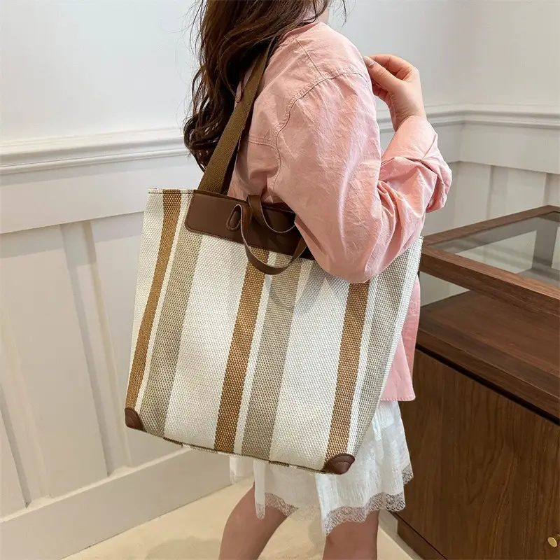 Women Striped Cotton Tote Bag Brown Beige Blue - Image 6