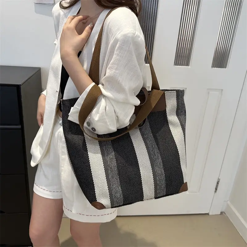Women Striped Cotton Tote Bag Brown Beige Blue - Image 7