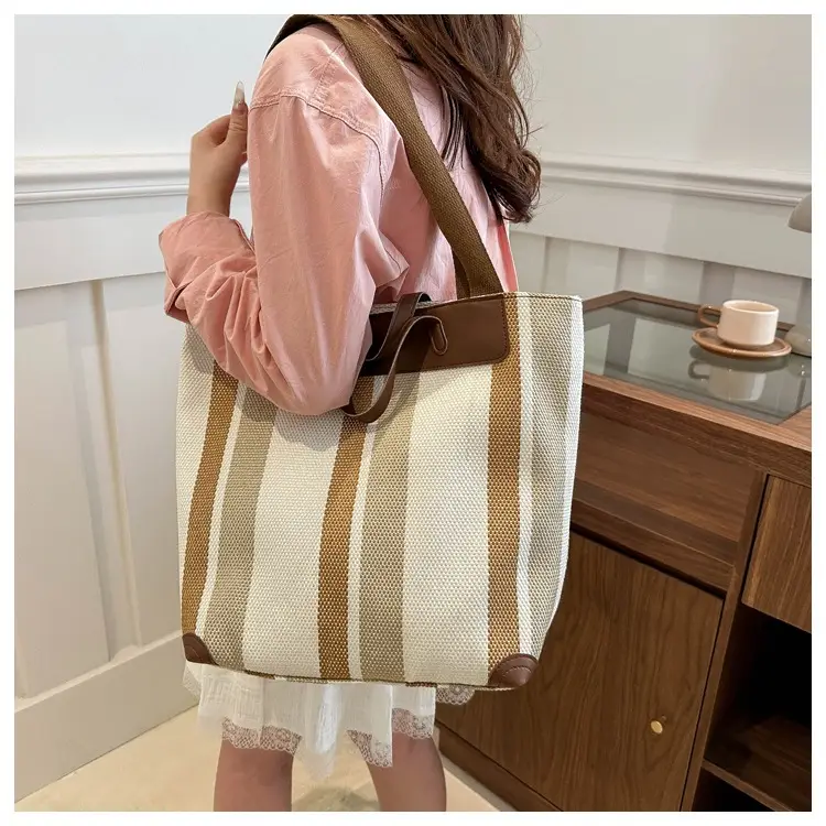 Women Striped Cotton Tote Bag Brown Beige Blue — feature 10
