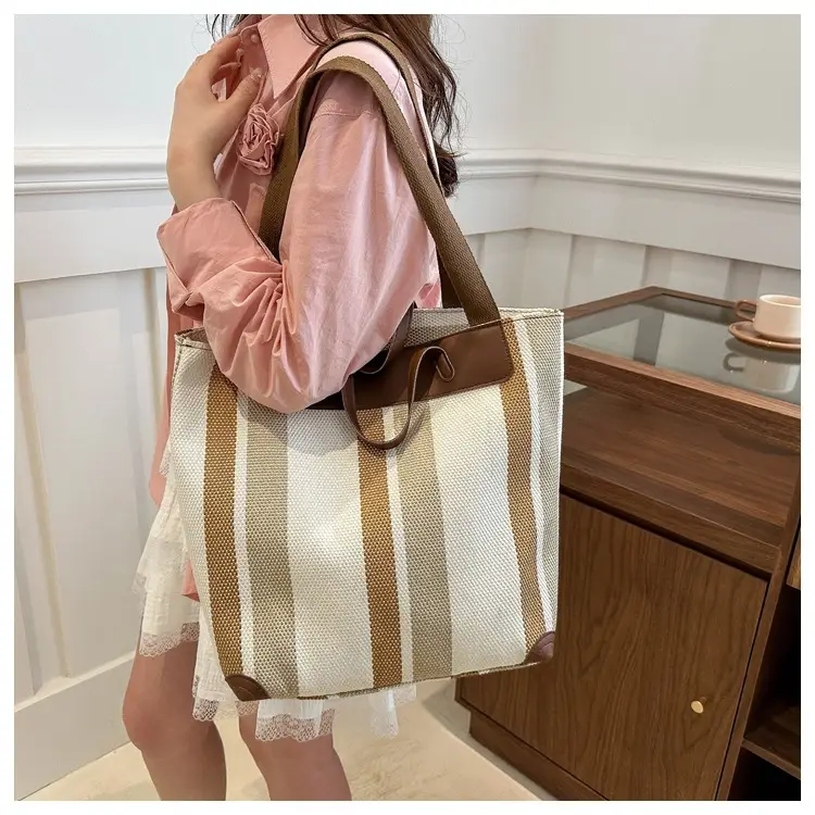 Women Striped Cotton Tote Bag Brown Beige Blue — feature 11