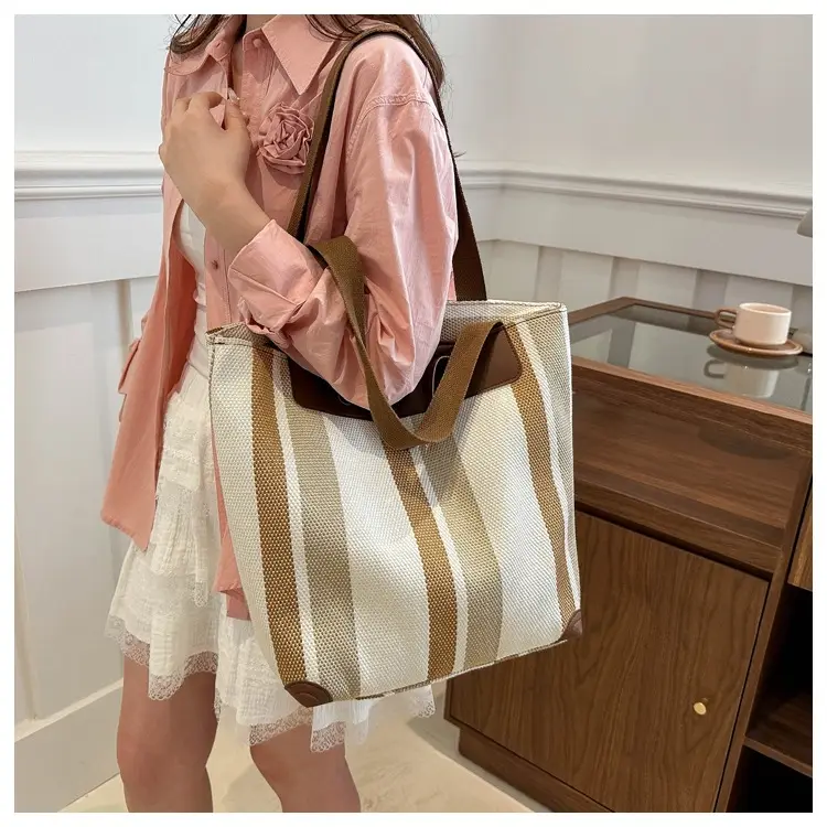 Women Striped Cotton Tote Bag Brown Beige Blue — feature 12