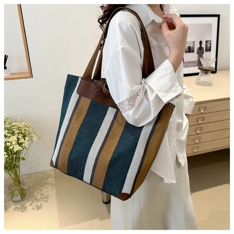 Women Striped Cotton Tote Bag Brown Beige Blue — feature 14