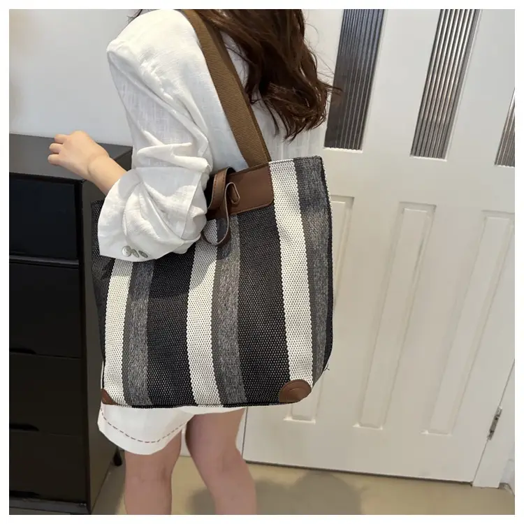 Women Striped Cotton Tote Bag Brown Beige Blue — feature 18