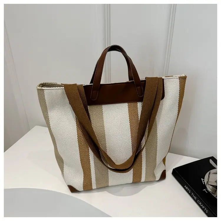 Women Striped Cotton Tote Bag Brown Beige Blue — feature 21