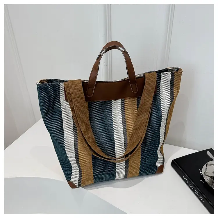 Women Striped Cotton Tote Bag Brown Beige Blue — feature 22