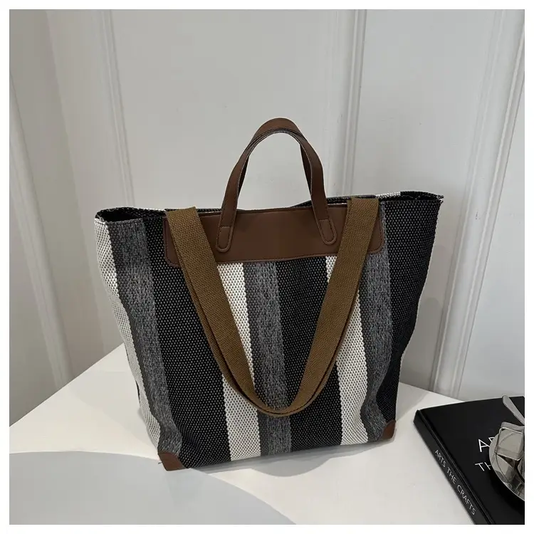 Women Striped Cotton Tote Bag Brown Beige Blue — feature 23