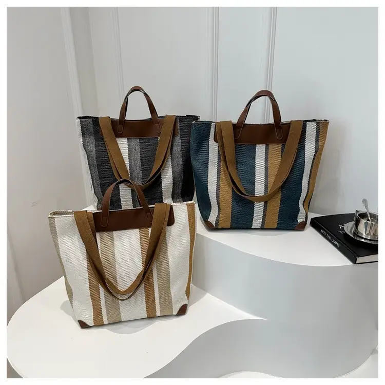 Women Striped Cotton Tote Bag Brown Beige Blue — feature 24